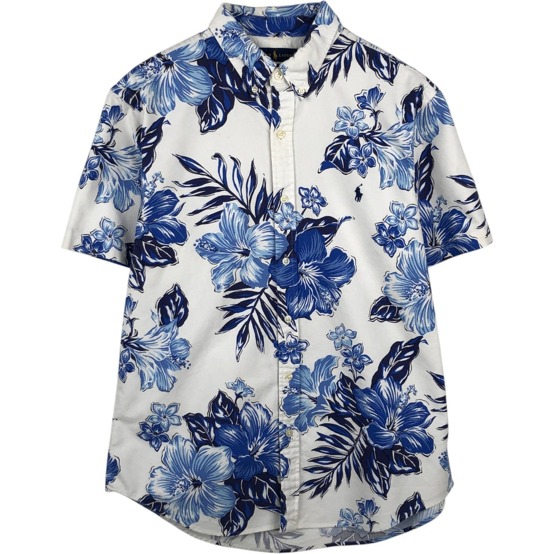 Ralph Lauren SLIM FIT all-over floral hibiscus pattern button-down Hawaiian Aloha shirt, men's size L equivalent. unclear white type Vintage Second Hand