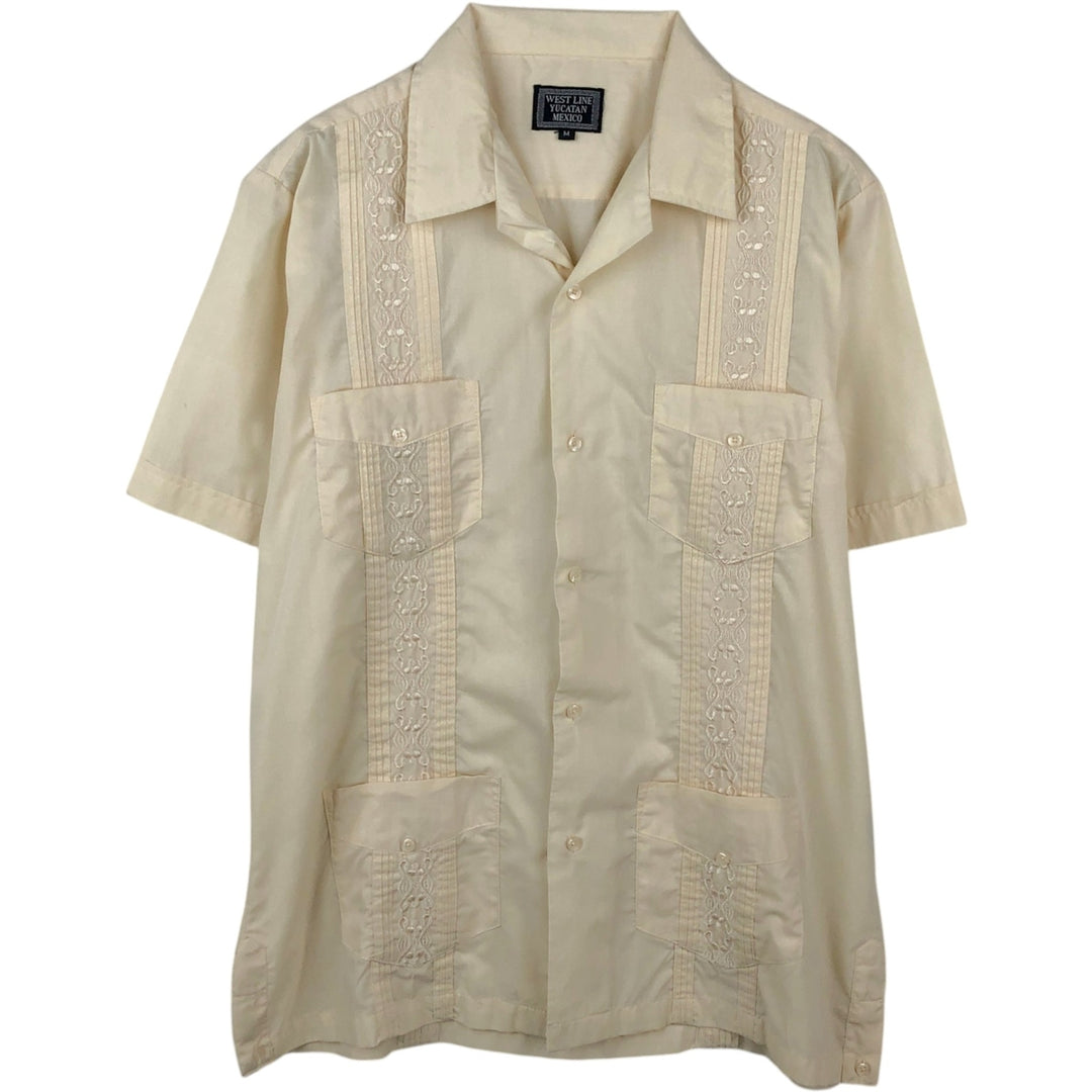 WEST LINE YUCATAN MEXICO Short-Sleeve Open Collar Mexican Shirt Cuban Shirt Box Shirt Men's Size M polyester ivory Vintage Second Hand