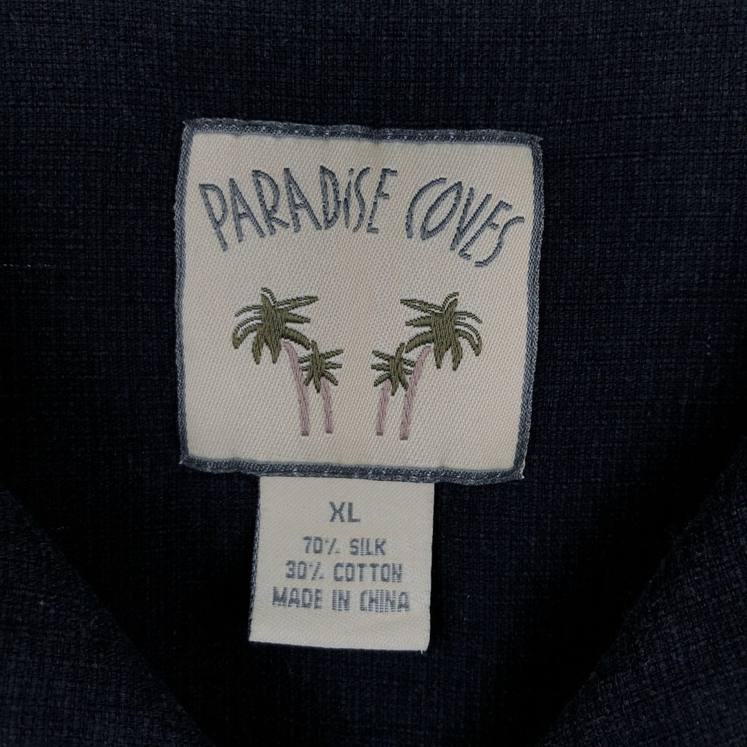 PARADISE COVES Short-Sleeve Open-Collar Mexican Shirt (Cuban Shirt) - Men's Size XL (approx.) silk black type Vintage Second Hand