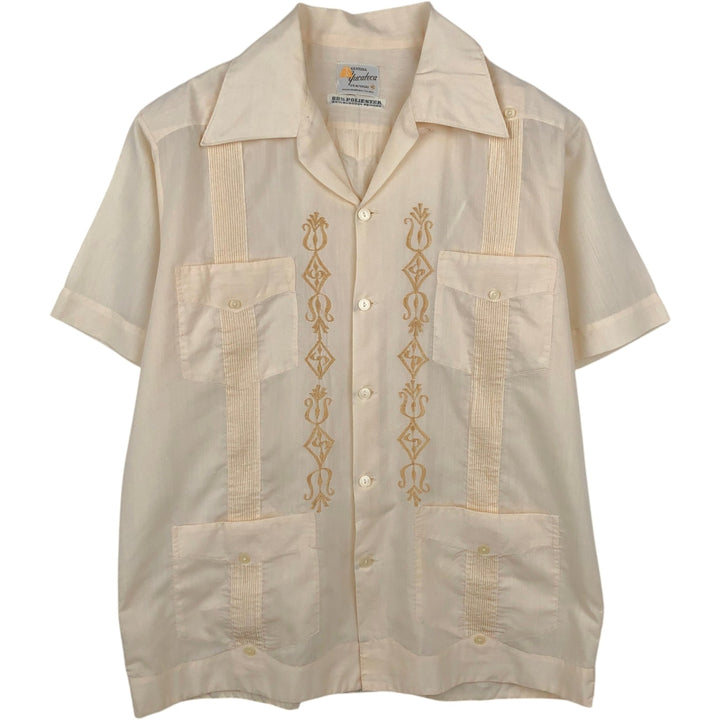 GENUINA Yucateca Short-Sleeve Open-Collar Mexican Shirt (Cuban Shirt) - Men's Size M (approx.) polyester pale white type Vintage Second Hand