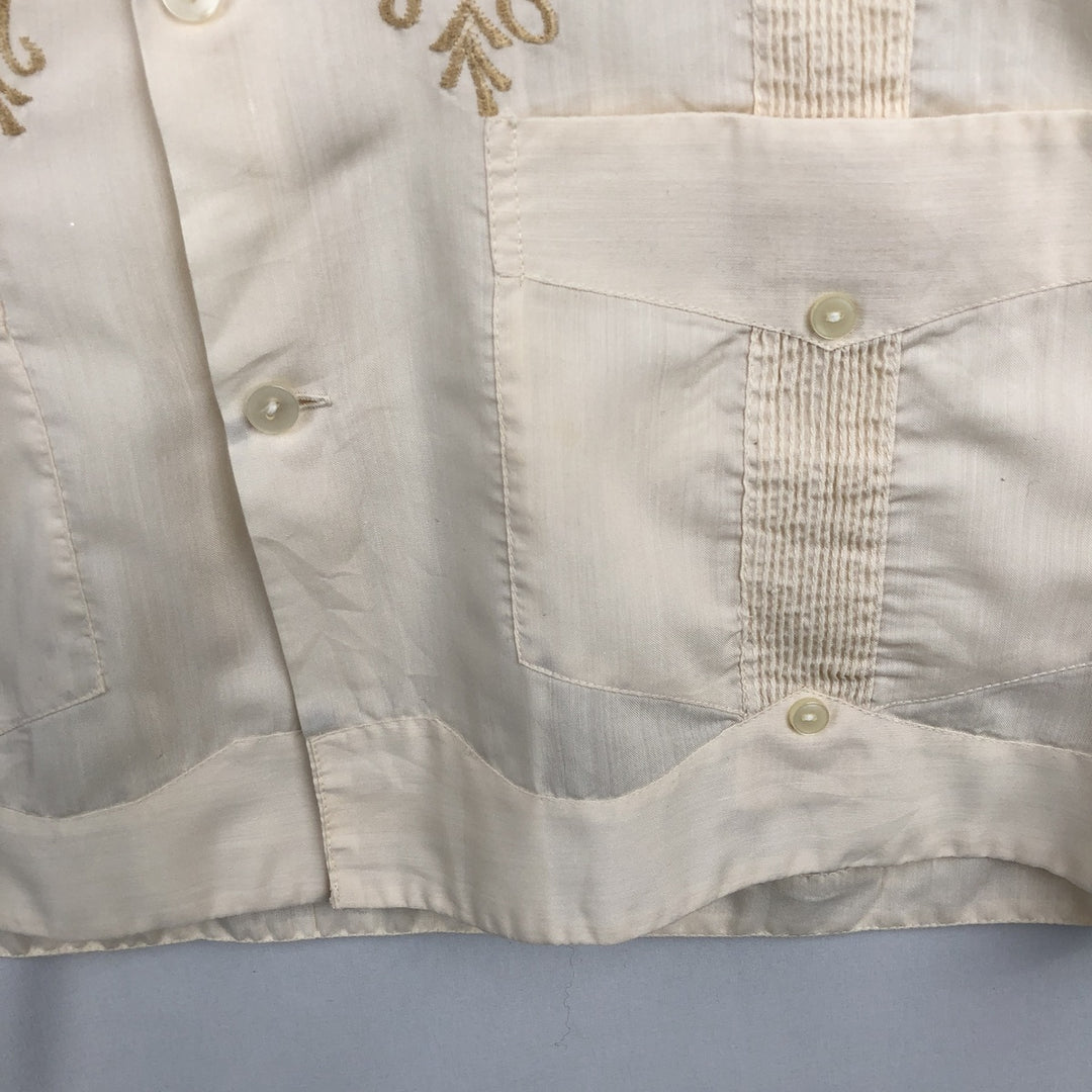 GENUINA Yucateca Short-Sleeve Open-Collar Mexican Shirt (Cuban Shirt) - Men's Size M (approx.) polyester pale white type Vintage Second Hand