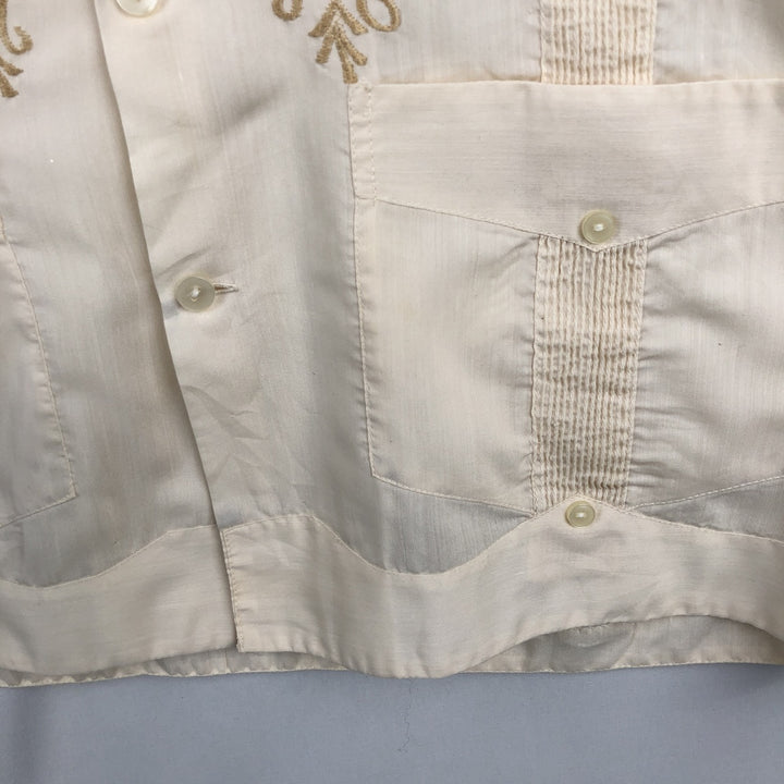 GENUINA Yucateca Short-Sleeve Open-Collar Mexican Shirt (Cuban Shirt) - Men's Size M (approx.) polyester pale white type Vintage Second Hand