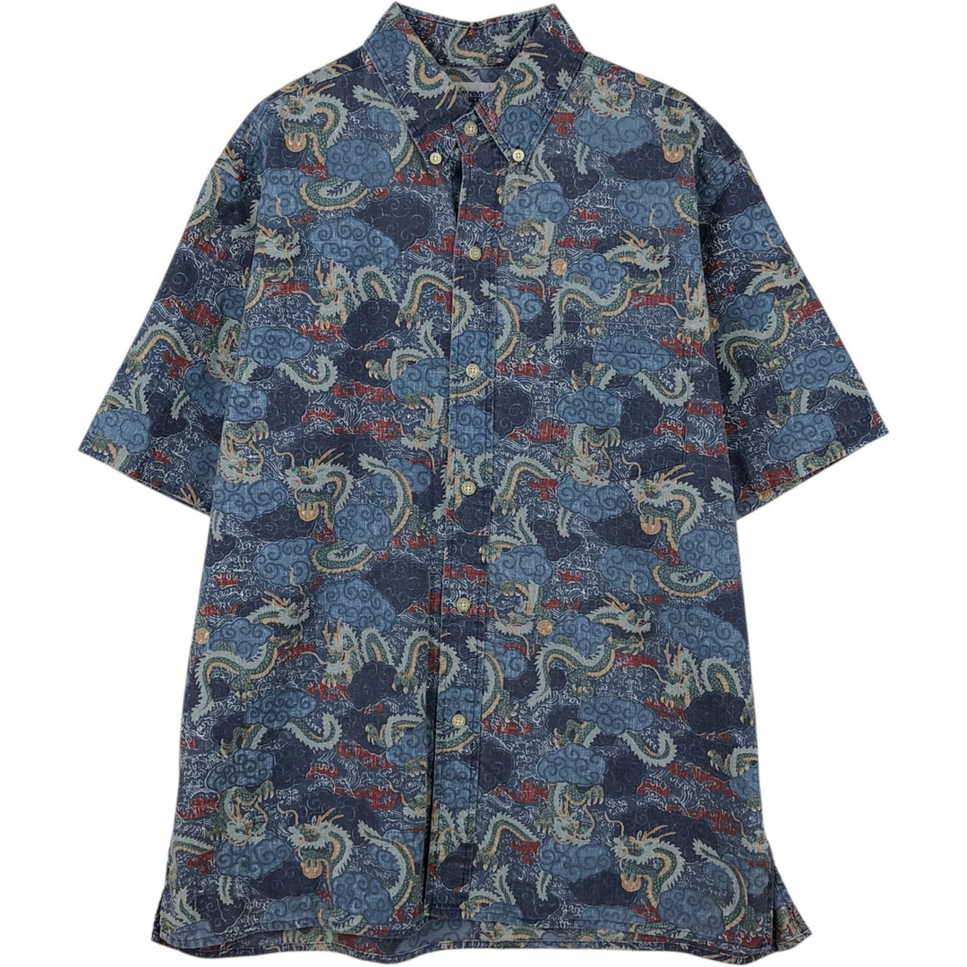 90'S Reyn Spooner swimwear tag, bikini tag, all-over dragon print, button-down Aloha shirt, boxy shirt, men's size M (approx.) cotton blue type Vintage Second Hand