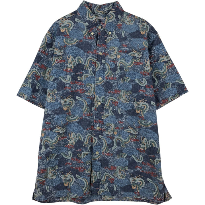 90'S Reyn Spooner swimwear tag, bikini tag, all-over dragon print, button-down Aloha shirt, boxy shirt, men's size M (approx.) cotton blue type Vintage Second Hand