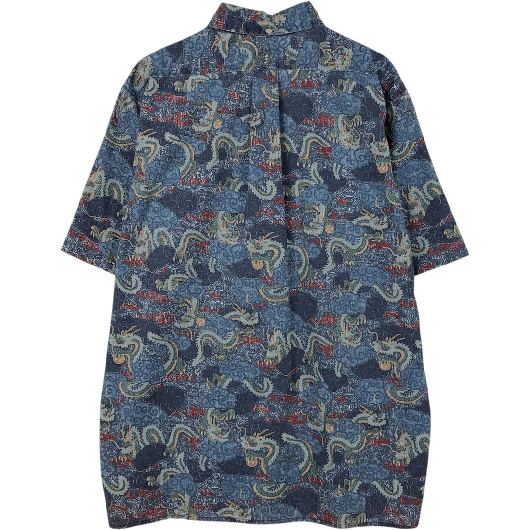 90'S Reyn Spooner swimwear tag, bikini tag, all-over dragon print, button-down Aloha shirt, boxy shirt, men's size M (approx.) cotton blue type Vintage Second Hand
