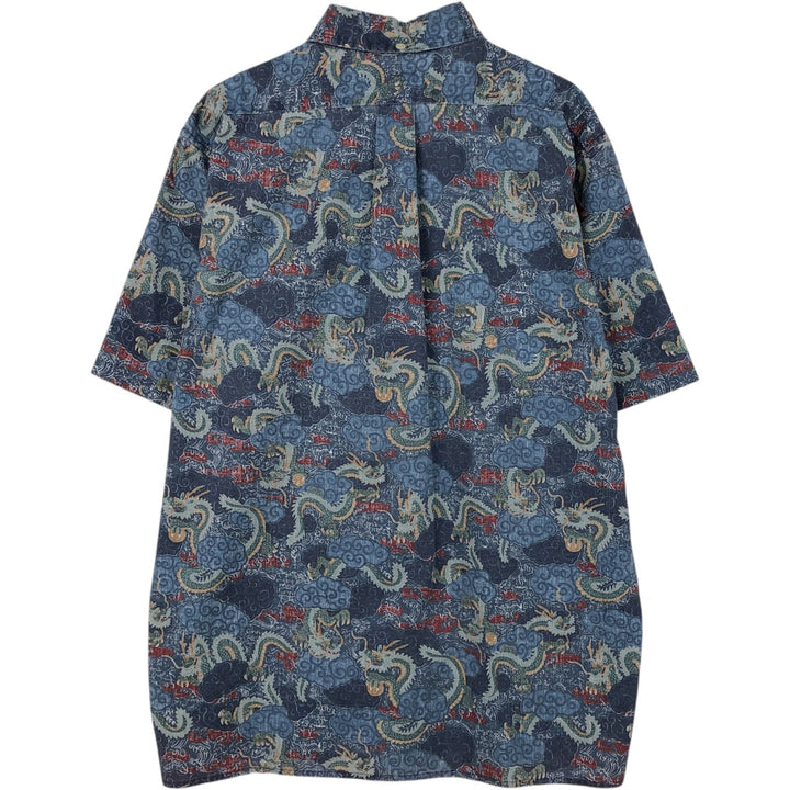 90'S Reyn Spooner swimwear tag, bikini tag, all-over dragon print, button-down Aloha shirt, boxy shirt, men's size M (approx.) cotton blue type Vintage Second Hand
