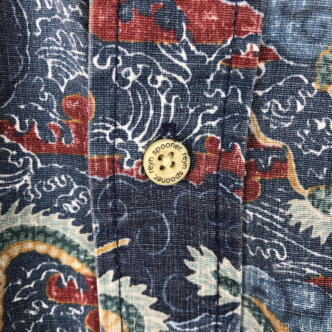 90'S Reyn Spooner swimwear tag, bikini tag, all-over dragon print, button-down Aloha shirt, boxy shirt, men's size M (approx.) cotton blue type Vintage Second Hand
