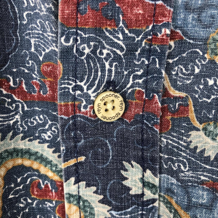 90'S Reyn Spooner swimwear tag, bikini tag, all-over dragon print, button-down Aloha shirt, boxy shirt, men's size M (approx.) cotton blue type Vintage Second Hand
