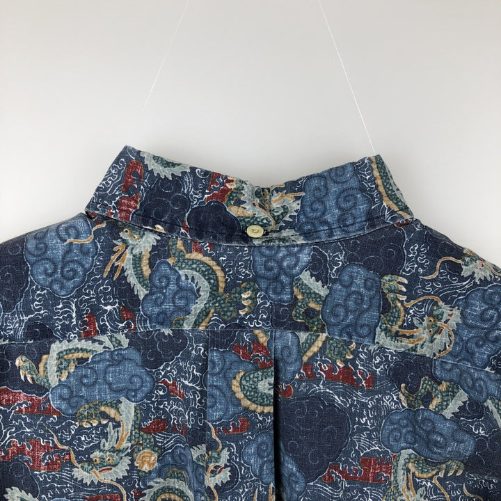 90'S Reyn Spooner swimwear tag, bikini tag, all-over dragon print, button-down Aloha shirt, boxy shirt, men's size M (approx.) cotton blue type Vintage Second Hand