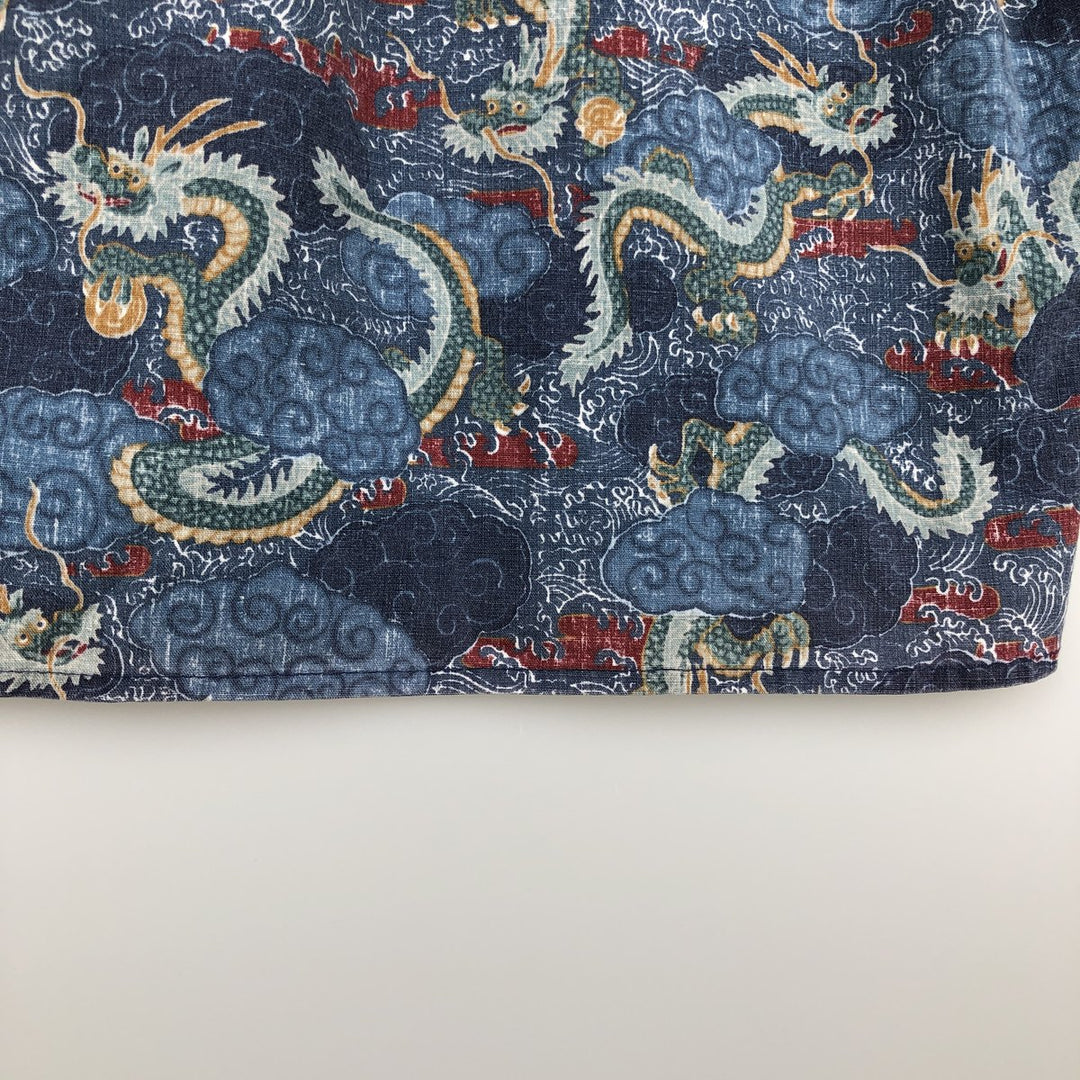 90'S Reyn Spooner swimwear tag, bikini tag, all-over dragon print, button-down Aloha shirt, boxy shirt, men's size M (approx.) cotton blue type Vintage Second Hand