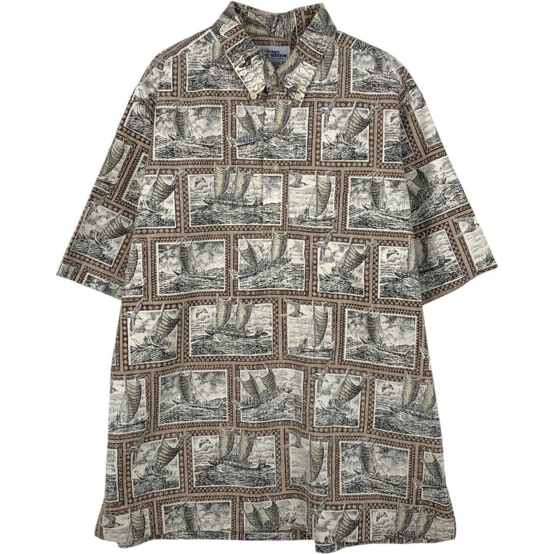 90'S Reyn Spooner swimwear tag, all-over yacht pattern, half-button button-down Aloha shirt, boxy shirt, men's size L equivalent. cotton ivory Vintage Second Hand