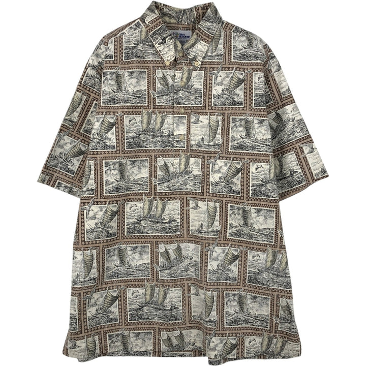 90'S Reyn Spooner swimwear tag, all-over yacht pattern, half-button button-down Aloha shirt, boxy shirt, men's size L equivalent. cotton ivory Vintage Second Hand