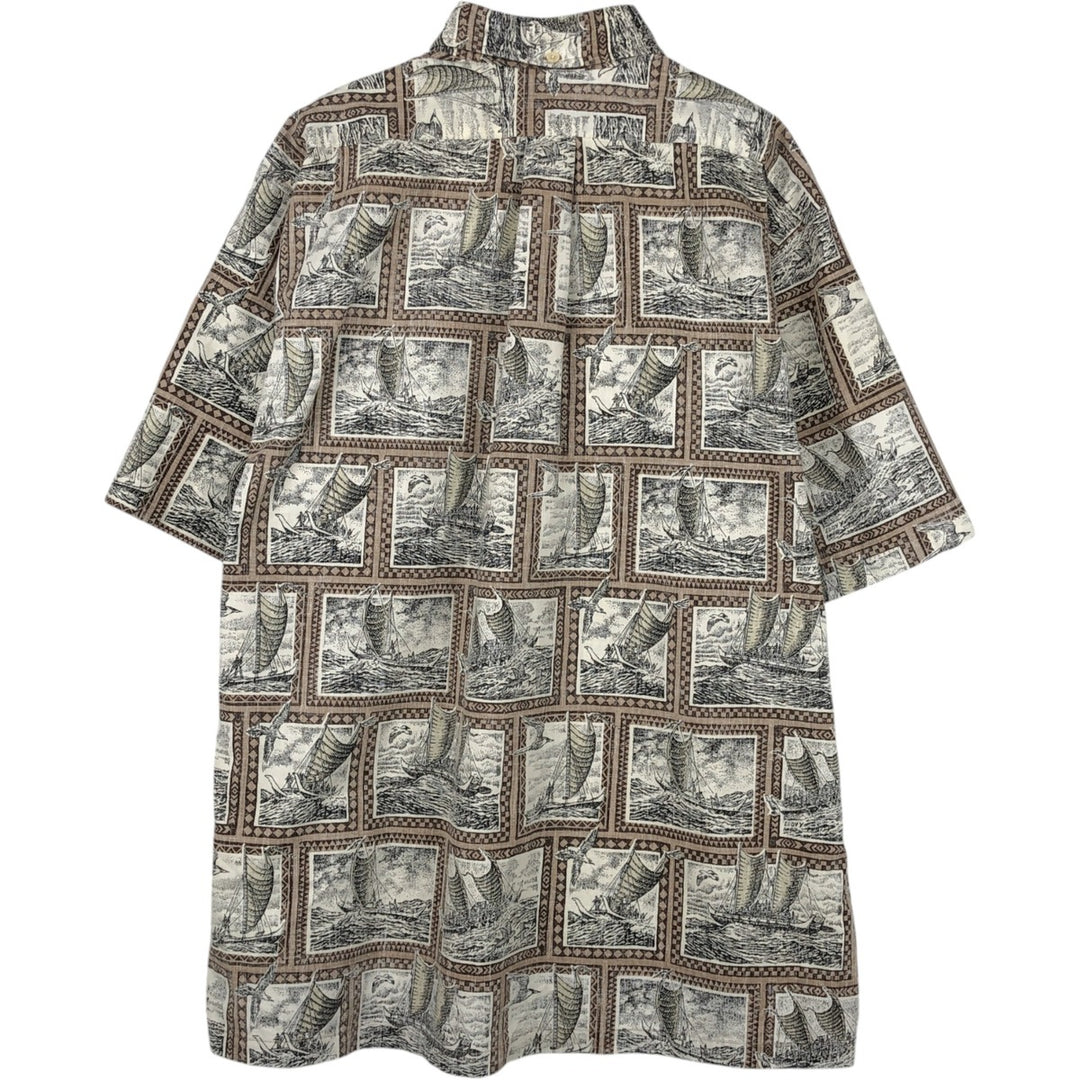 90'S Reyn Spooner swimwear tag, all-over yacht pattern, half-button button-down Aloha shirt, boxy shirt, men's size L equivalent. cotton ivory Vintage Second Hand