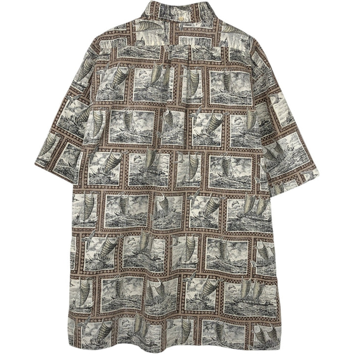 90'S Reyn Spooner swimwear tag, all-over yacht pattern, half-button button-down Aloha shirt, boxy shirt, men's size L equivalent. cotton ivory Vintage Second Hand