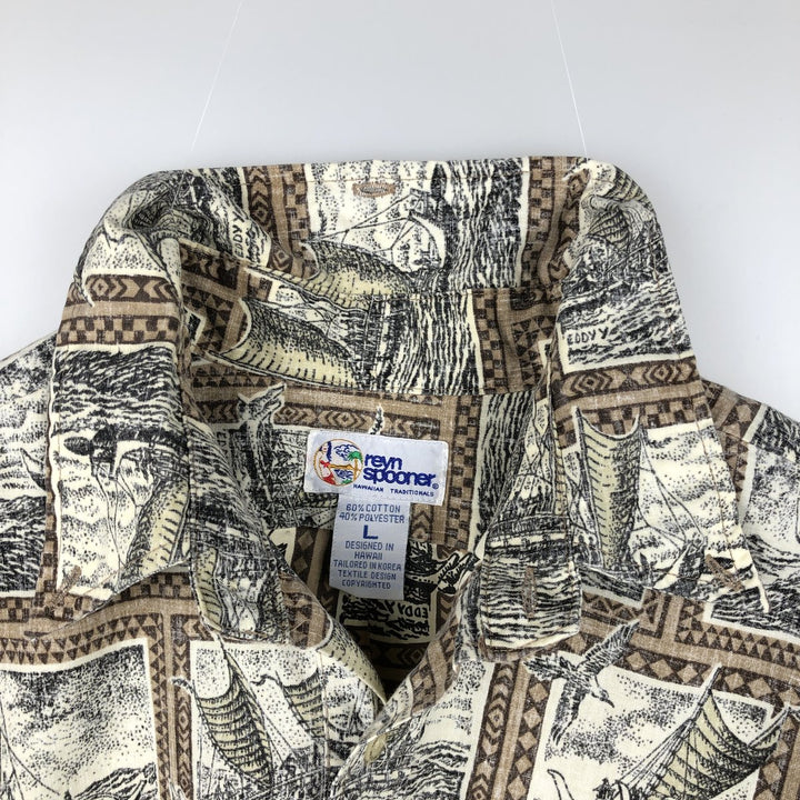 90'S Reyn Spooner swimwear tag, all-over yacht pattern, half-button button-down Aloha shirt, boxy shirt, men's size L equivalent. cotton ivory Vintage Second Hand