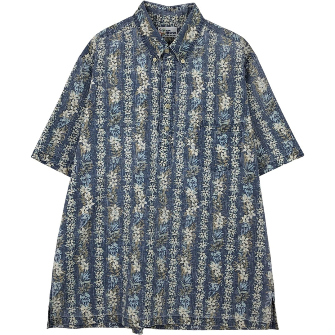 90'S Reyn Spooner swimwear tag, bikini tag, floral print, half-button, button-down, Aloha shirt, boxy shirt, men's size L (approx.) cotton blue type Vintage Second Hand
