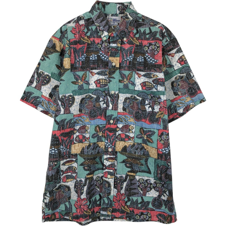 90'S Reyn Spooner swimwear tag, bikini tag, all-over print button-down Aloha shirt, boxy shirt, made in USA, men's size S equivalent. cotton red type Vintage Second Hand
