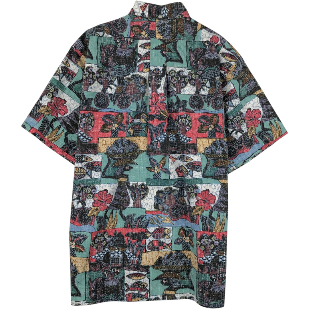90'S Reyn Spooner swimwear tag, bikini tag, all-over print button-down Aloha shirt, boxy shirt, made in USA, men's size S equivalent. cotton red type Vintage Second Hand