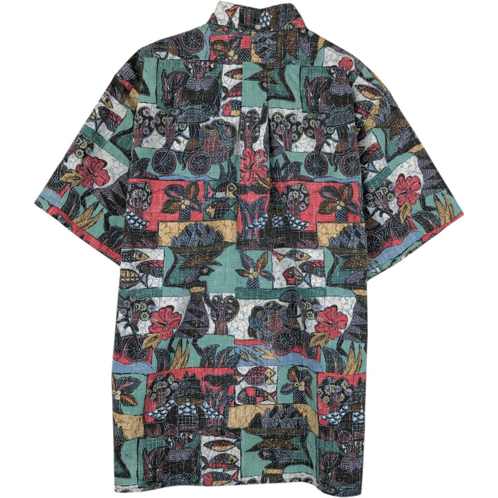 90'S Reyn Spooner swimwear tag, bikini tag, all-over print button-down Aloha shirt, boxy shirt, made in USA, men's size S equivalent. cotton red type Vintage Second Hand