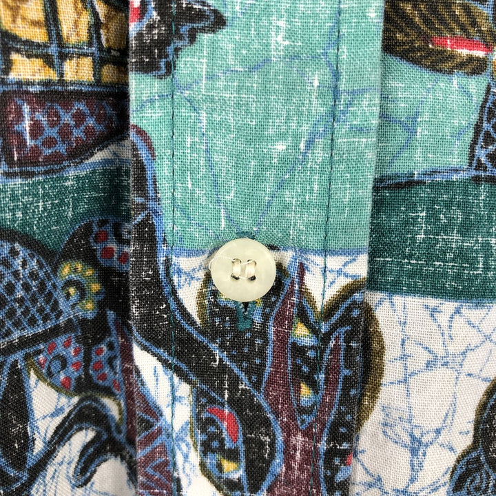 90'S Reyn Spooner swimwear tag, bikini tag, all-over print button-down Aloha shirt, boxy shirt, made in USA, men's size S equivalent. cotton red type Vintage Second Hand