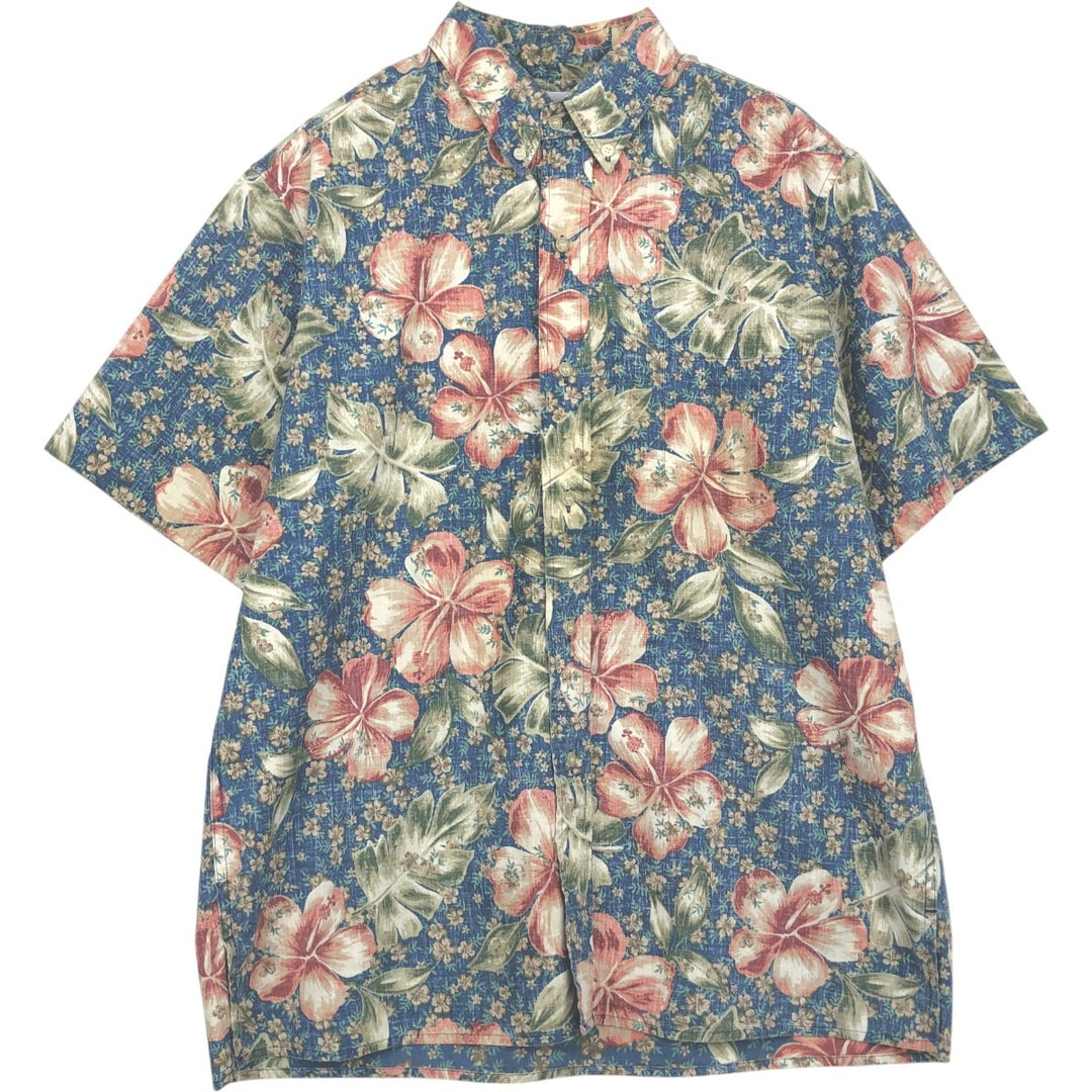 90'S Reyn Spooner swimwear tag, bikini tag, hibiscus pattern, button-down Aloha shirt, boxy shirt, men's size L. cotton navy blue type Vintage Second Hand