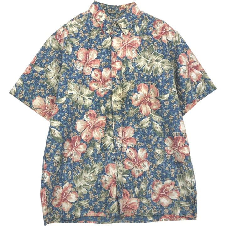 90'S Reyn Spooner swimwear tag, bikini tag, hibiscus pattern, button-down Aloha shirt, boxy shirt, men's size L. cotton navy blue type Vintage Second Hand