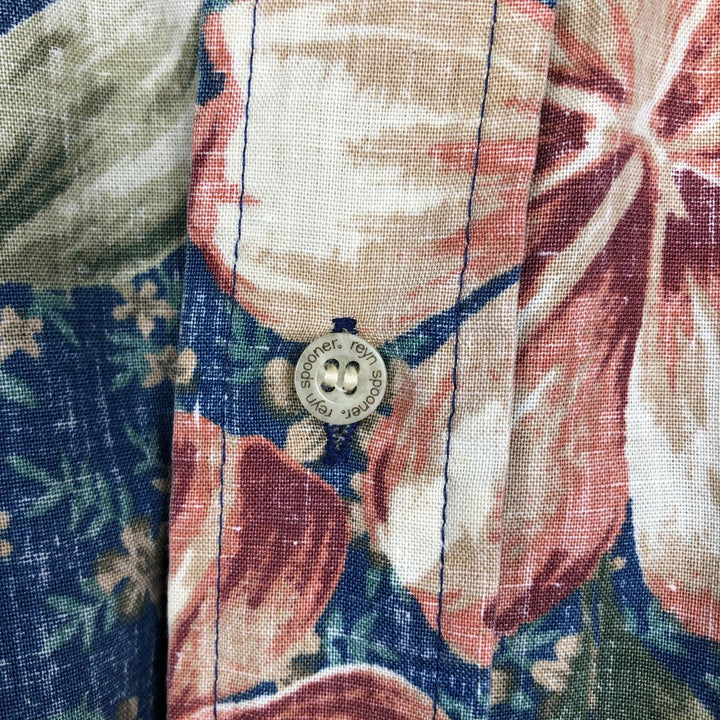 90'S Reyn Spooner swimwear tag, bikini tag, hibiscus pattern, button-down Aloha shirt, boxy shirt, men's size L. cotton navy blue type Vintage Second Hand