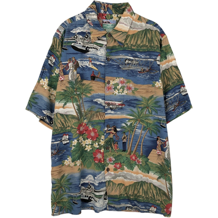 80s-90'S Reyn Spooner Diamond Head tag all-over palm tree print rayon aloha shirt, boxy fit, men's size M (approx.) Rayon blue type Vintage Second Hand