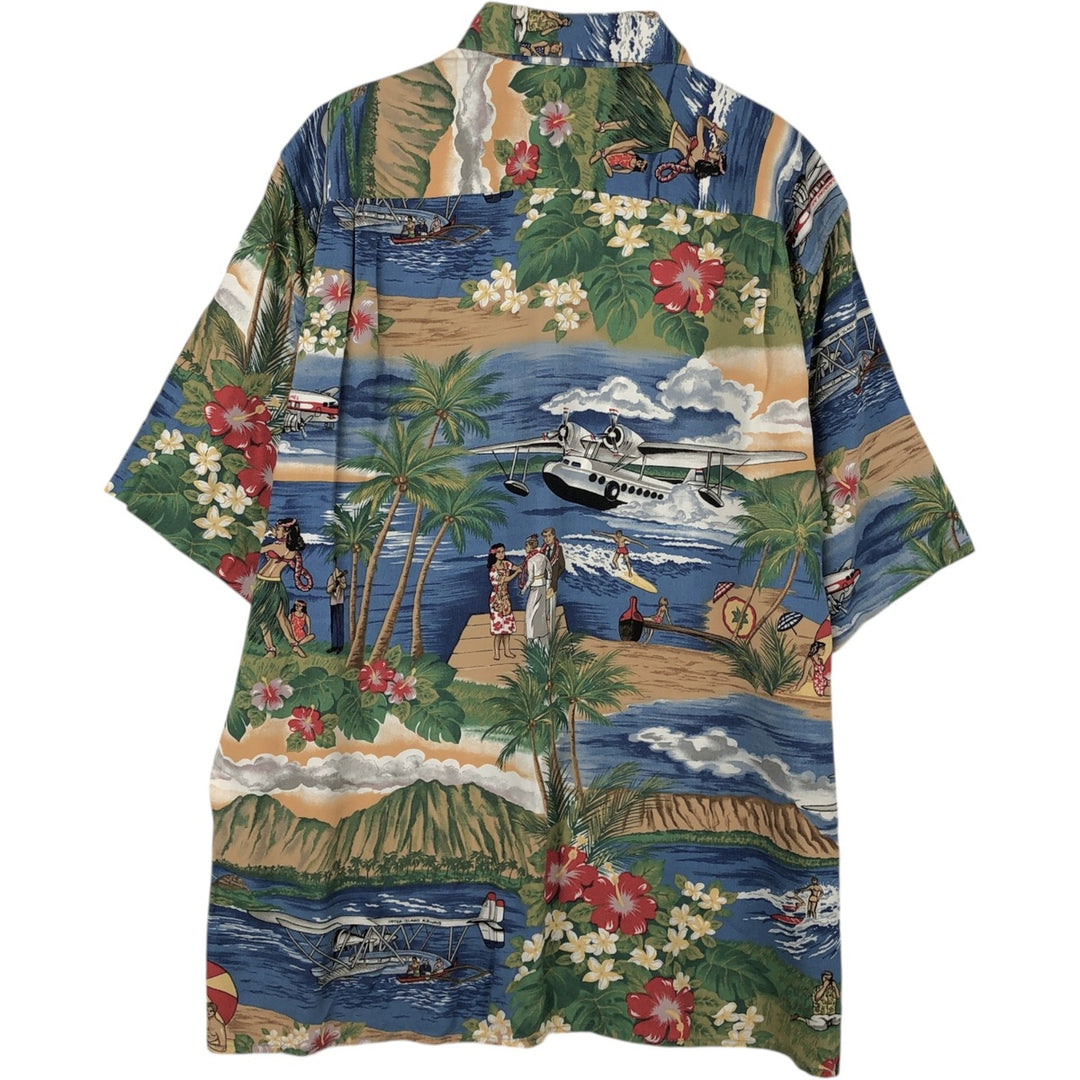 80s-90'S Reyn Spooner Diamond Head tag all-over palm tree print rayon aloha shirt, boxy fit, men's size M (approx.) Rayon blue type Vintage Second Hand