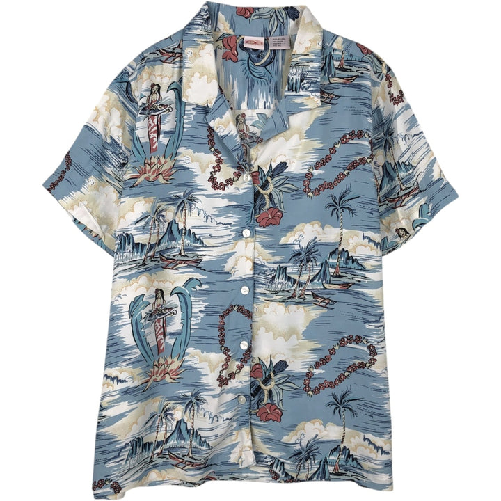 90'S Ocean Pacific all-over palm tree print open-collar rayon aloha shirt, boxy fit, men's size XL equivalent. Rayon Blue type light blue Vintage Second Hand