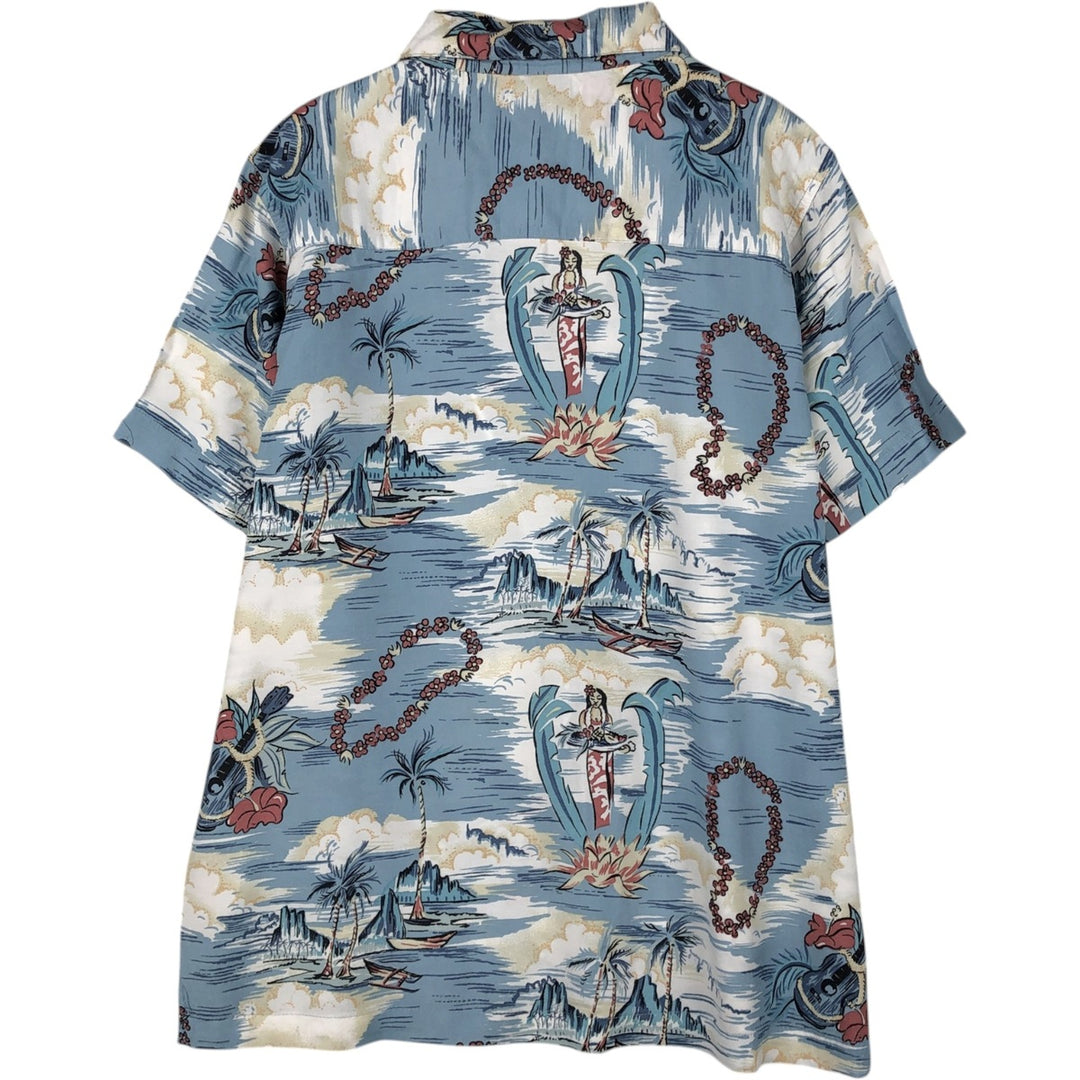 90'S Ocean Pacific all-over palm tree print open-collar rayon aloha shirt, boxy fit, men's size XL equivalent. Rayon Blue type light blue Vintage Second Hand