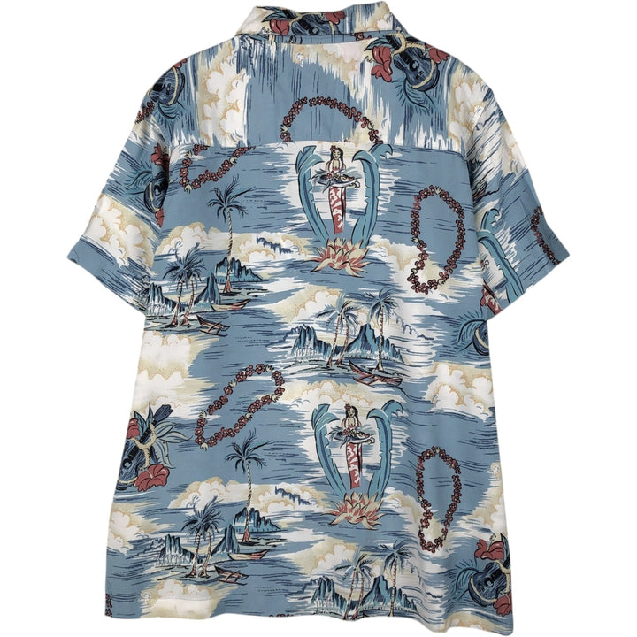 90'S Ocean Pacific all-over palm tree print open-collar rayon aloha shirt, boxy fit, men's size XL equivalent. Rayon Blue type light blue Vintage Second Hand