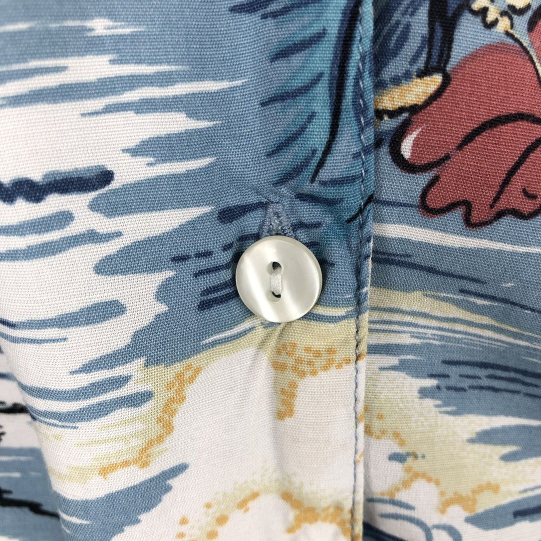 90'S Ocean Pacific all-over palm tree print open-collar rayon aloha shirt, boxy fit, men's size XL equivalent. Rayon Blue type light blue Vintage Second Hand