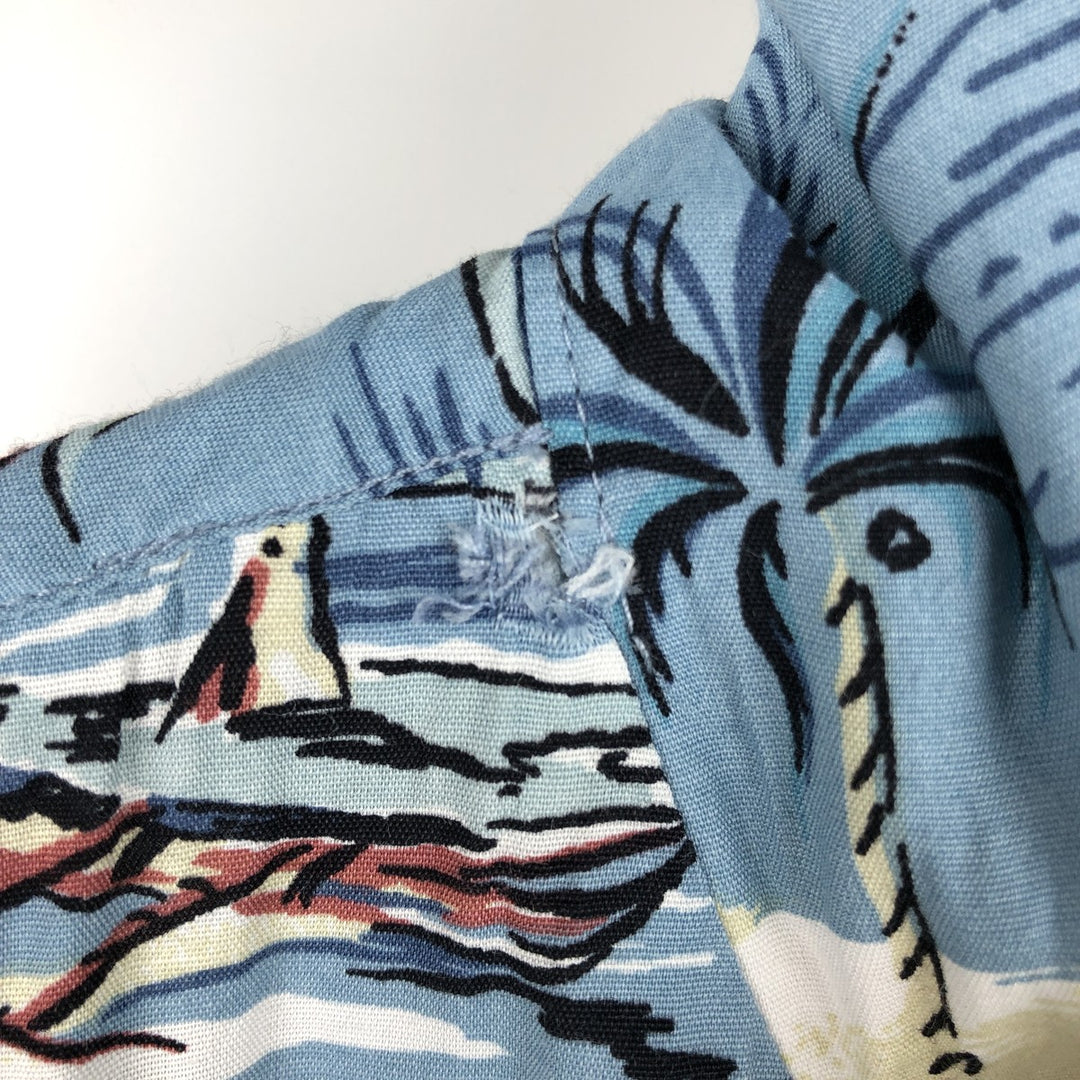 90'S Ocean Pacific all-over palm tree print open-collar rayon aloha shirt, boxy fit, men's size XL equivalent. Rayon Blue type light blue Vintage Second Hand