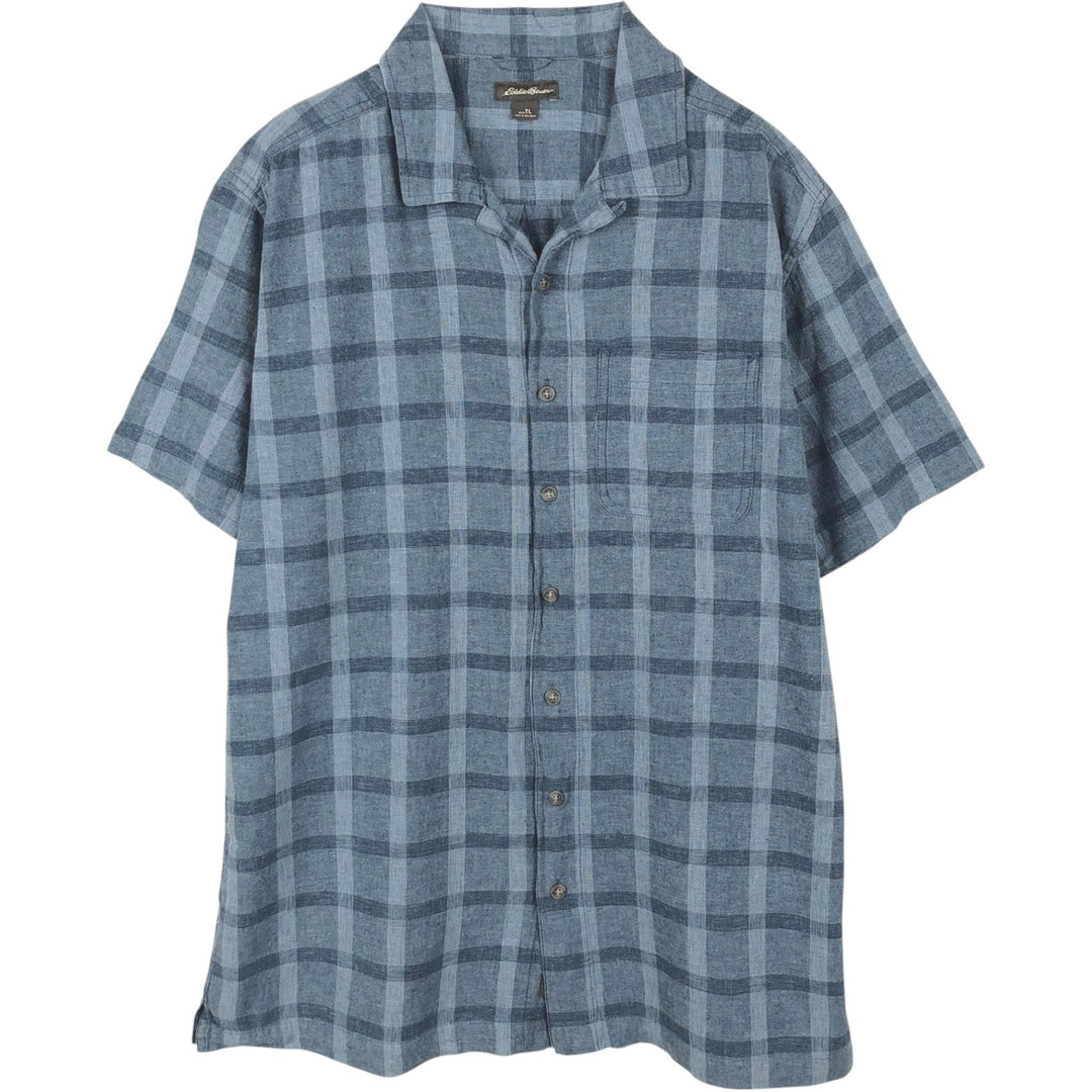 Eddie Bauer Check Pattern Short-Sleeve Open Collar Cotton x Linen Box Shirt (Men's Size L) linen blue type Vintage Second Hand