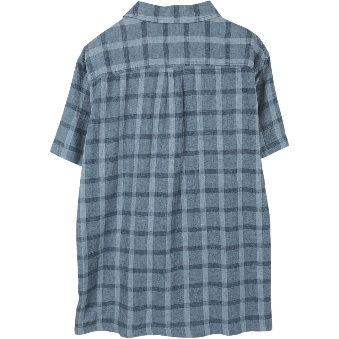 Eddie Bauer Check Pattern Short-Sleeve Open Collar Cotton x Linen Box Shirt (Men's Size L) linen blue type Vintage Second Hand