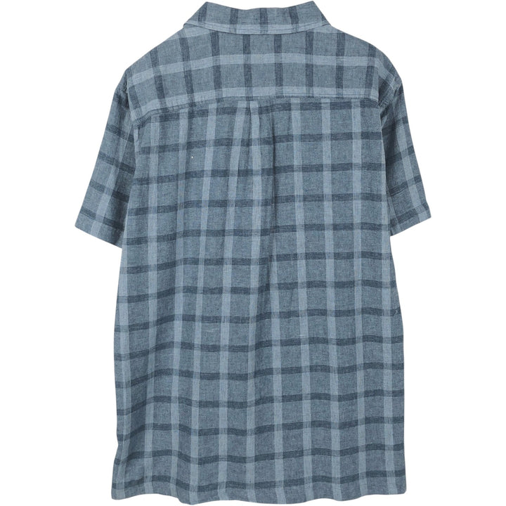 Eddie Bauer Check Pattern Short-Sleeve Open Collar Cotton x Linen Box Shirt (Men's Size L) linen blue type Vintage Second Hand