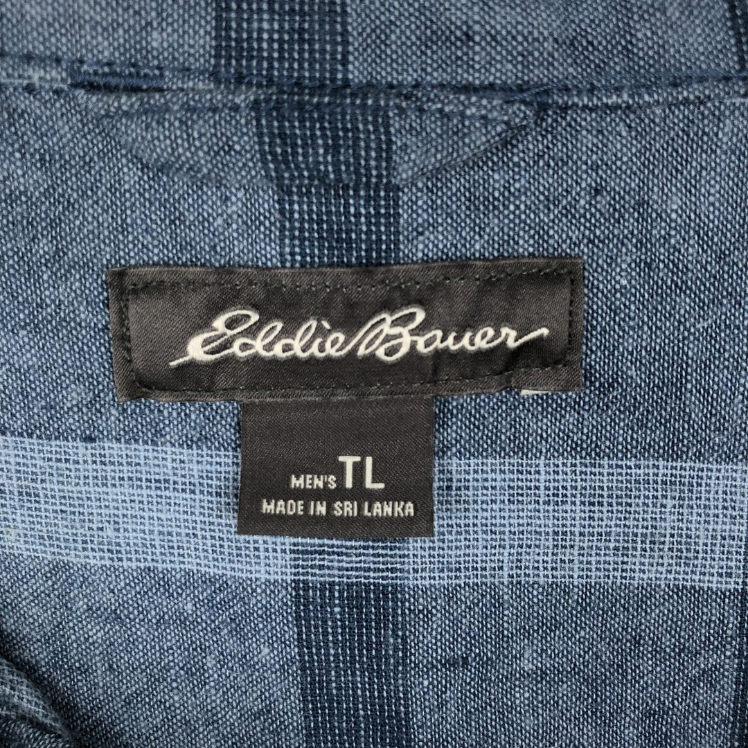 Eddie Bauer Check Pattern Short-Sleeve Open Collar Cotton x Linen Box Shirt (Men's Size L) linen blue type Vintage Second Hand