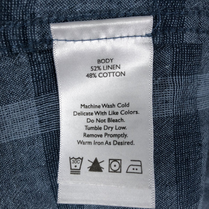 Eddie Bauer Check Pattern Short-Sleeve Open Collar Cotton x Linen Box Shirt (Men's Size L) linen blue type Vintage Second Hand