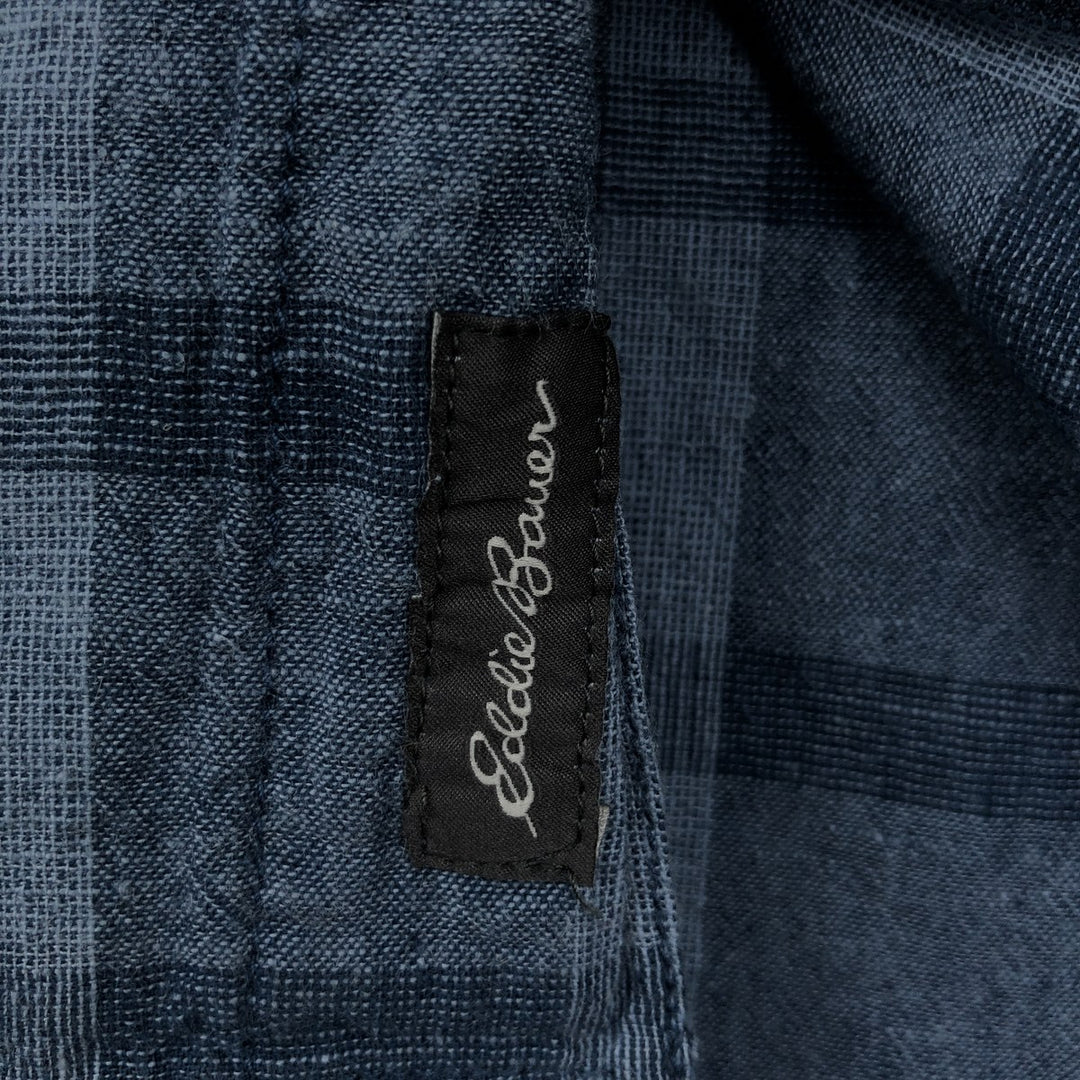 Eddie Bauer Check Pattern Short-Sleeve Open Collar Cotton x Linen Box Shirt (Men's Size L) linen blue type Vintage Second Hand