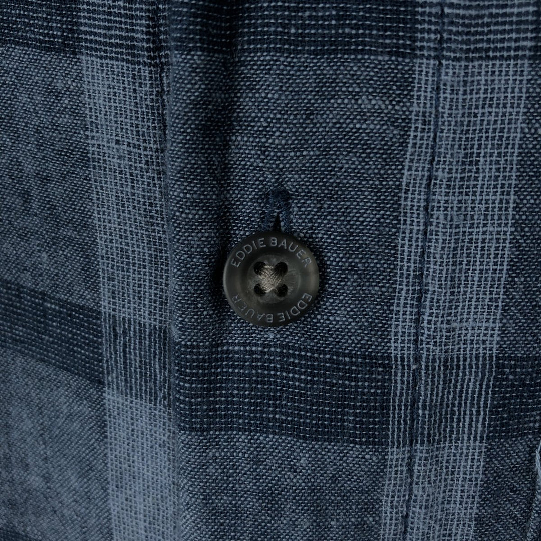 Eddie Bauer Check Pattern Short-Sleeve Open Collar Cotton x Linen Box Shirt (Men's Size L) linen blue type Vintage Second Hand