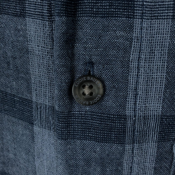 Eddie Bauer Check Pattern Short-Sleeve Open Collar Cotton x Linen Box Shirt (Men's Size L) linen blue type Vintage Second Hand