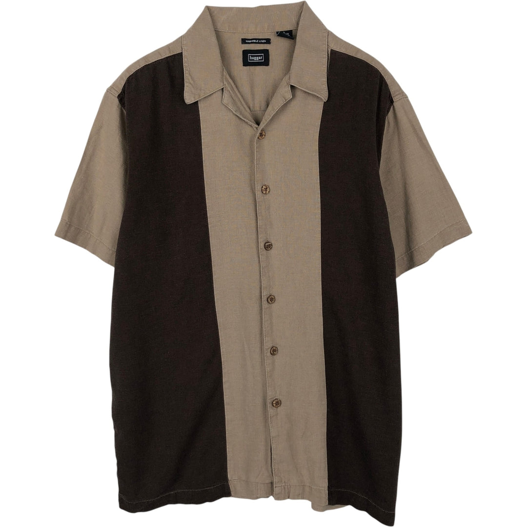 Haggar Two-Tone Short-Sleeve Open-Collar Rayon x Linen Shirt, Boxy Fit, Men's Size L (approx.) linen black type Vintage Second Hand