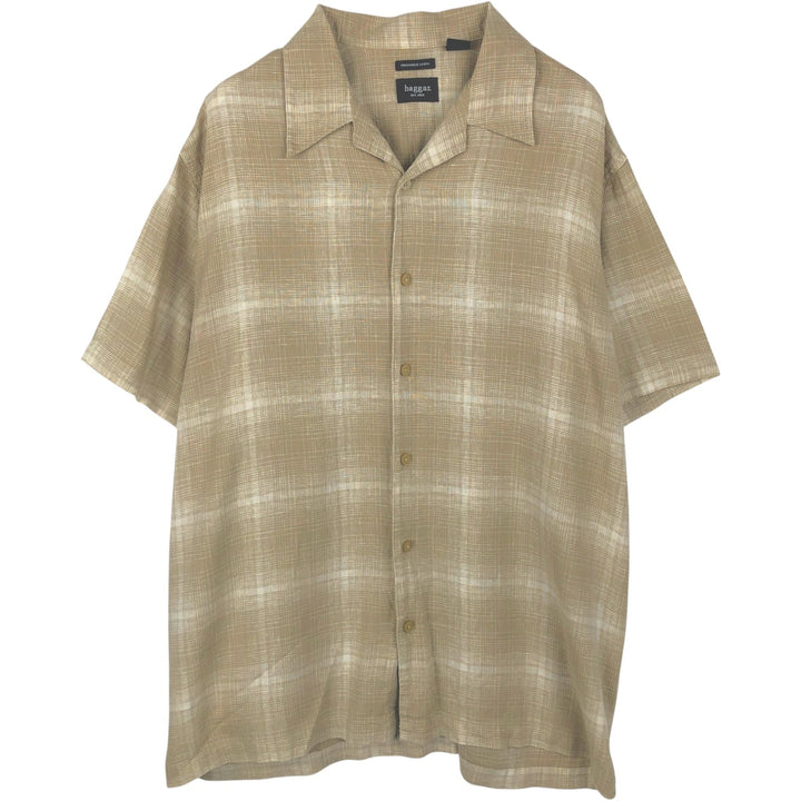 Haggar Check Pattern Short-Sleeve Open Collar Rayon x Linen Shirt, Boxy Shirt, Men's XL Equivalent linen Beige type Vintage Second Hand