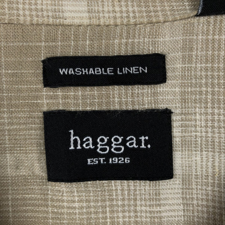 Haggar Check Pattern Short-Sleeve Open Collar Rayon x Linen Shirt, Boxy Shirt, Men's XL Equivalent linen Beige type Vintage Second Hand
