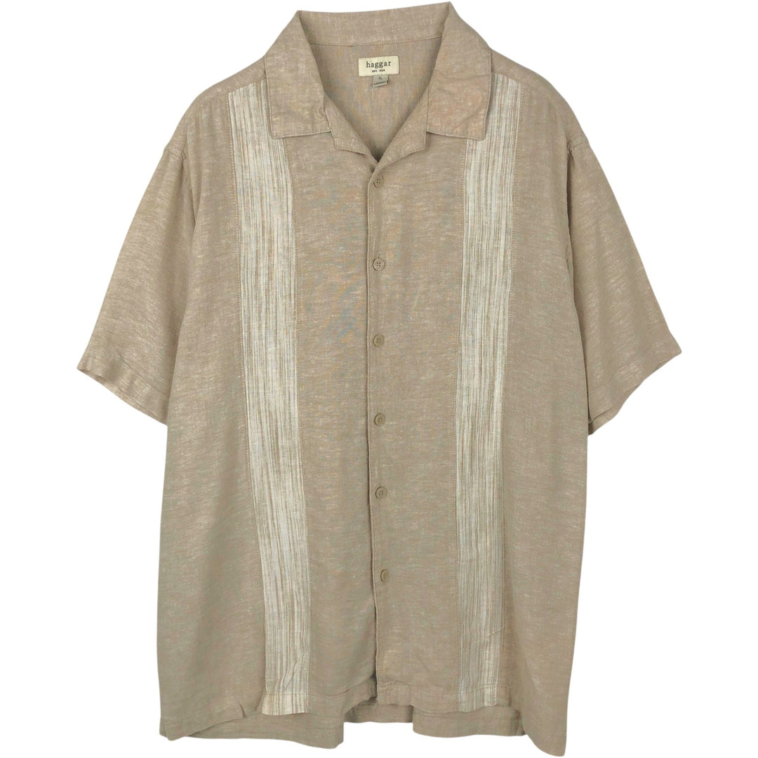 HAGGAR Short-Sleeve Open-Collar Rayon x Linen Shirt, Boxy Fit, Men's Size XL (approx.) linen Beige type Vintage Second Hand