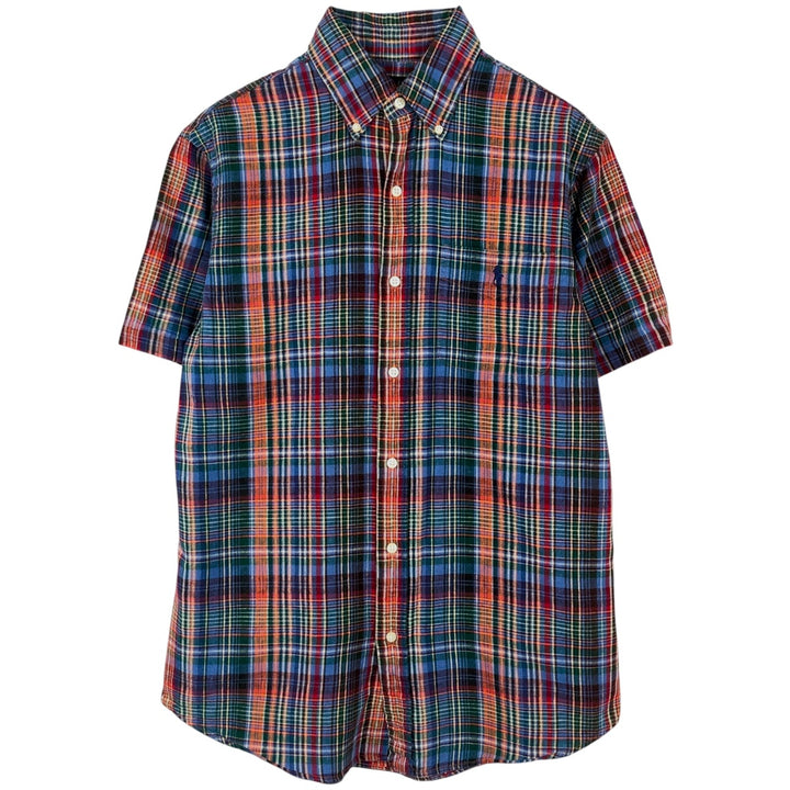 Ralph Lauren POLO RALPH LAUREN CLASSIC FIT Check Pattern Short-Sleeve Linen Button-Down Shirt (Men's Size M) linen blue type Vintage Second Hand