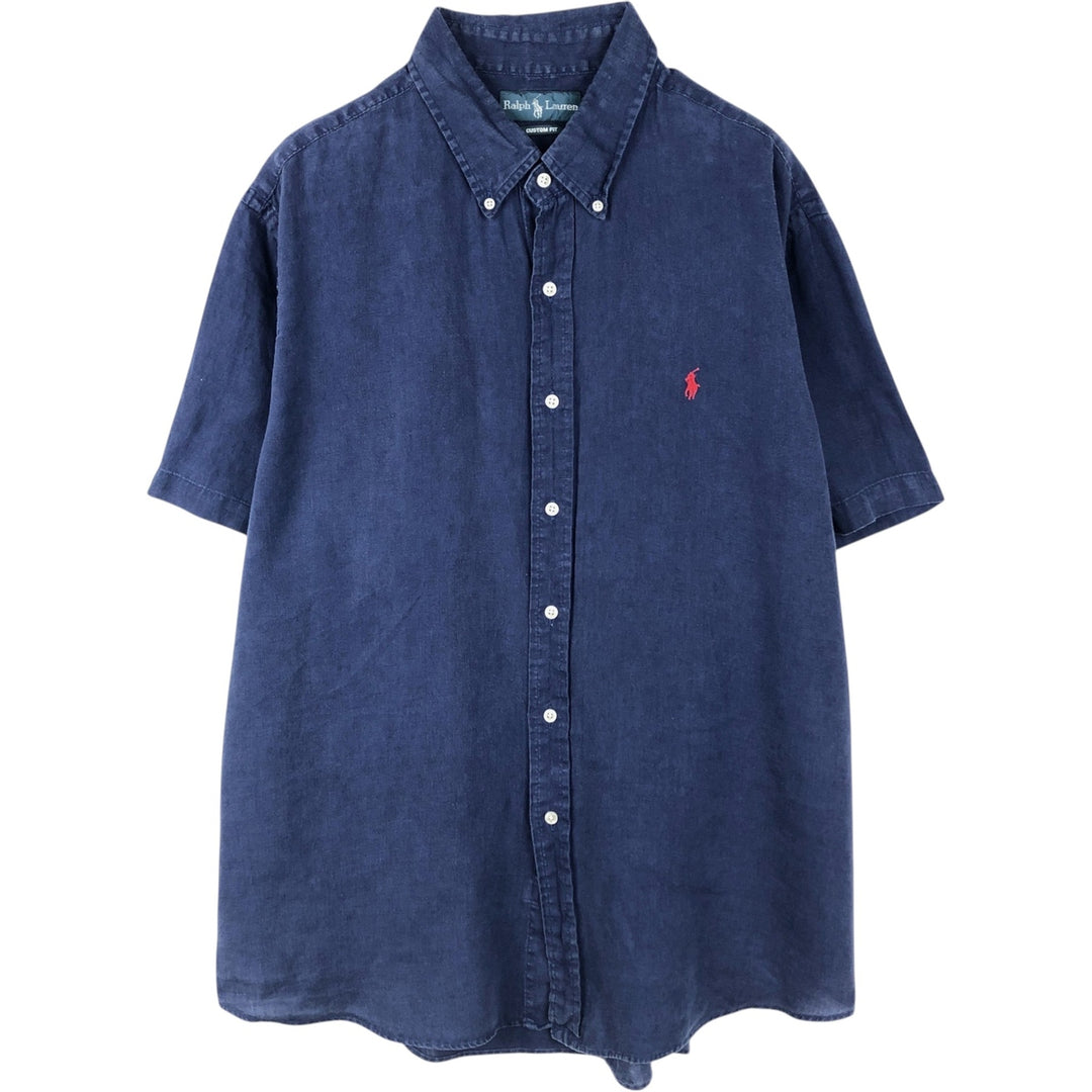 Ralph Lauren CUSTOM FIT short sleeve linen button down shirt, men's XL size linen navy blue type Vintage Second Hand