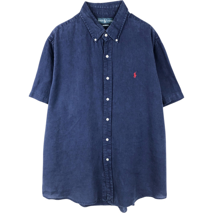 Ralph Lauren CUSTOM FIT short sleeve linen button down shirt, men's XL size linen navy blue type Vintage Second Hand