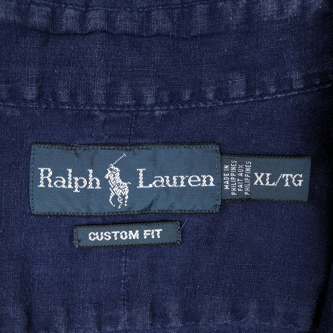 Ralph Lauren CUSTOM FIT short sleeve linen button down shirt, men's XL size linen navy blue type Vintage Second Hand